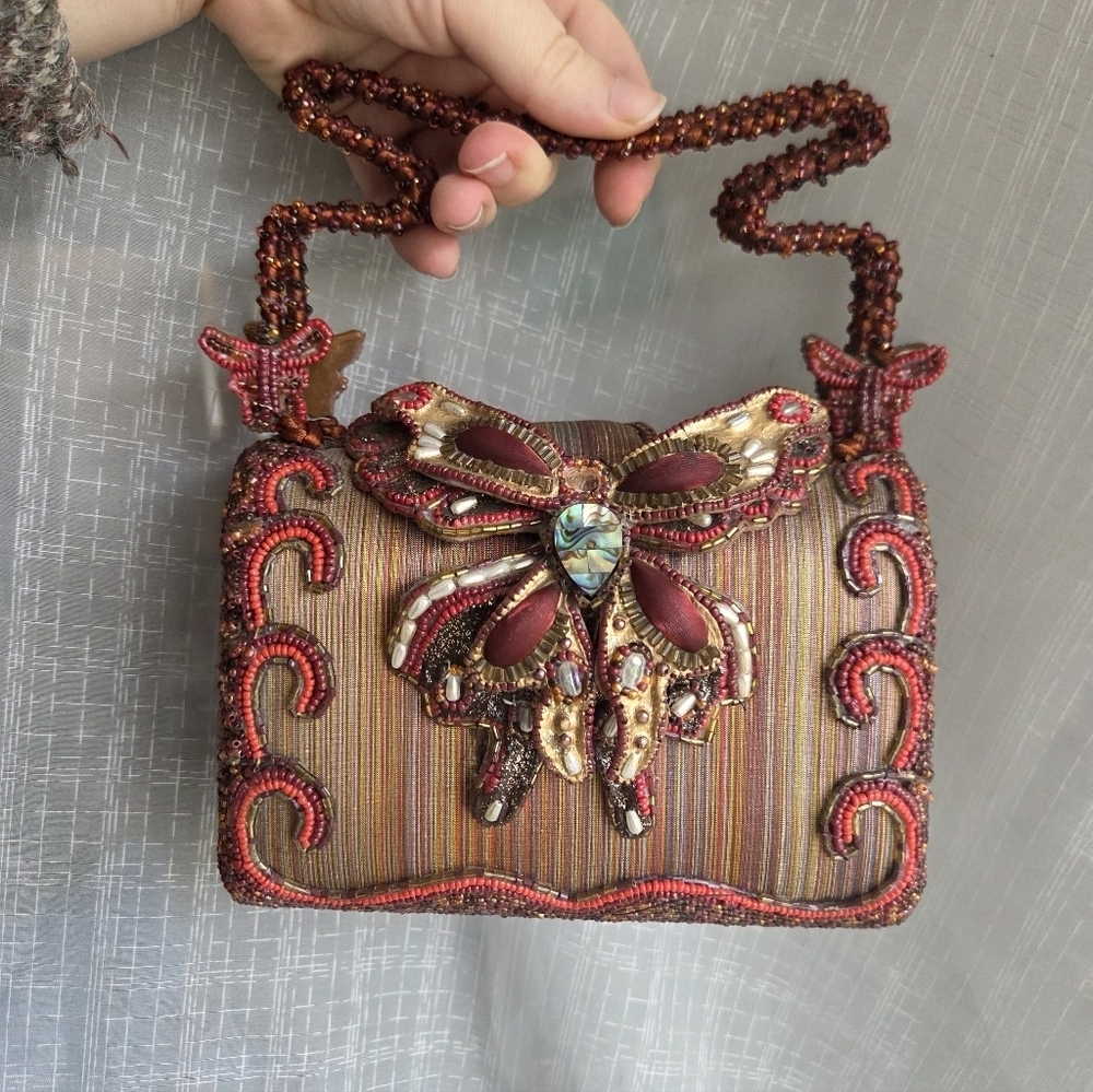 Beaded Red-Brown Embellished Clutch with Decorative Motif